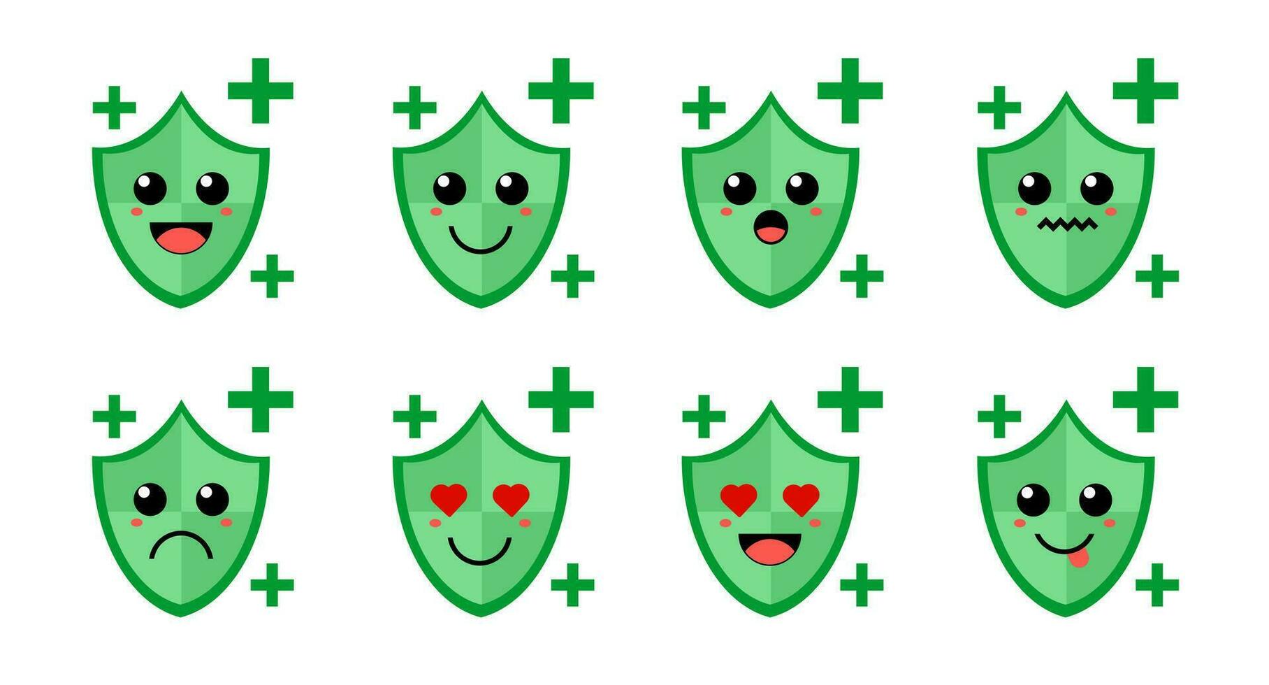 conjunto do fofa desenho animado colorida verde escudo com diferente emoções. engraçado emoções personagem coleção para crianças. fantasia personagens. vetor ilustrações, desenho animado plano estilo