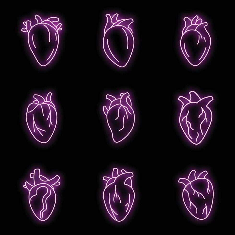 biologia humano coração ícones conjunto vetor néon