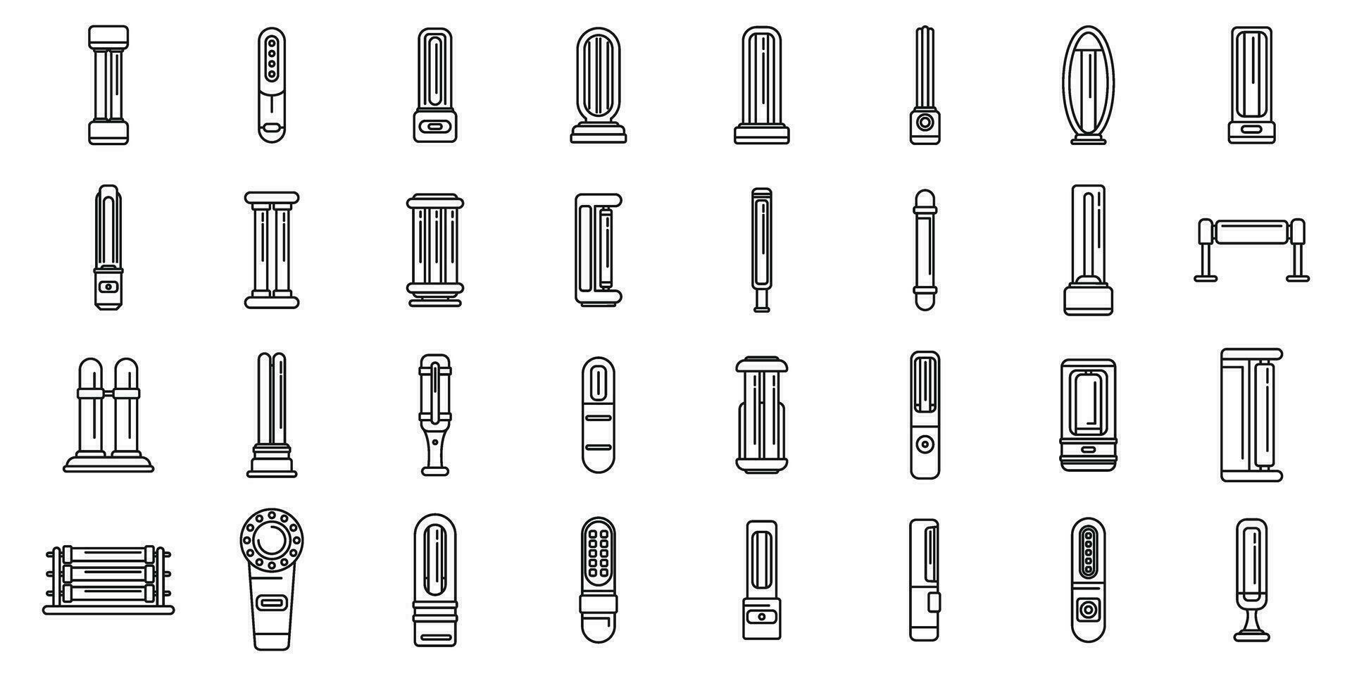 ícones de esterilizador portátil ultravioleta definir vetor de contorno. bulbo de bactéria