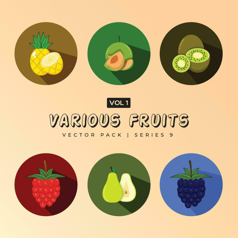 conjunto do colorida desenho animado fruta ícones gostar maçã pera pêssego banana uvas kiwi limão abacaxi vetor