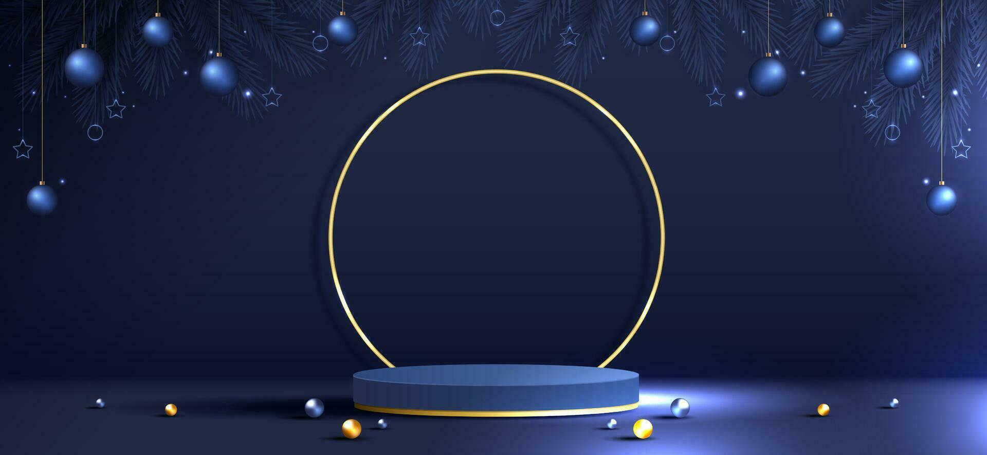 pódio forma para mostrar Cosmético produtos exibição para Natal dia ou Novo anos. ficar de pé produtos mostruário em azul fundo com árvore, bola e estrelas Natal. vetor Projeto.