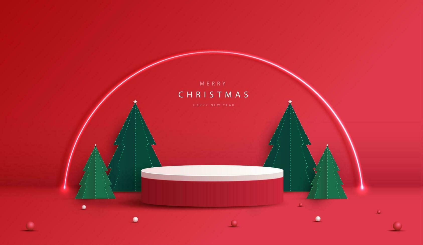pódio forma para mostrar Cosmético produtos exibição para Natal dia ou Novo anos. ficar de pé produtos mostruário em vermelho fundo com árvore Natal, dourado bola e claro. vetor Projeto.
