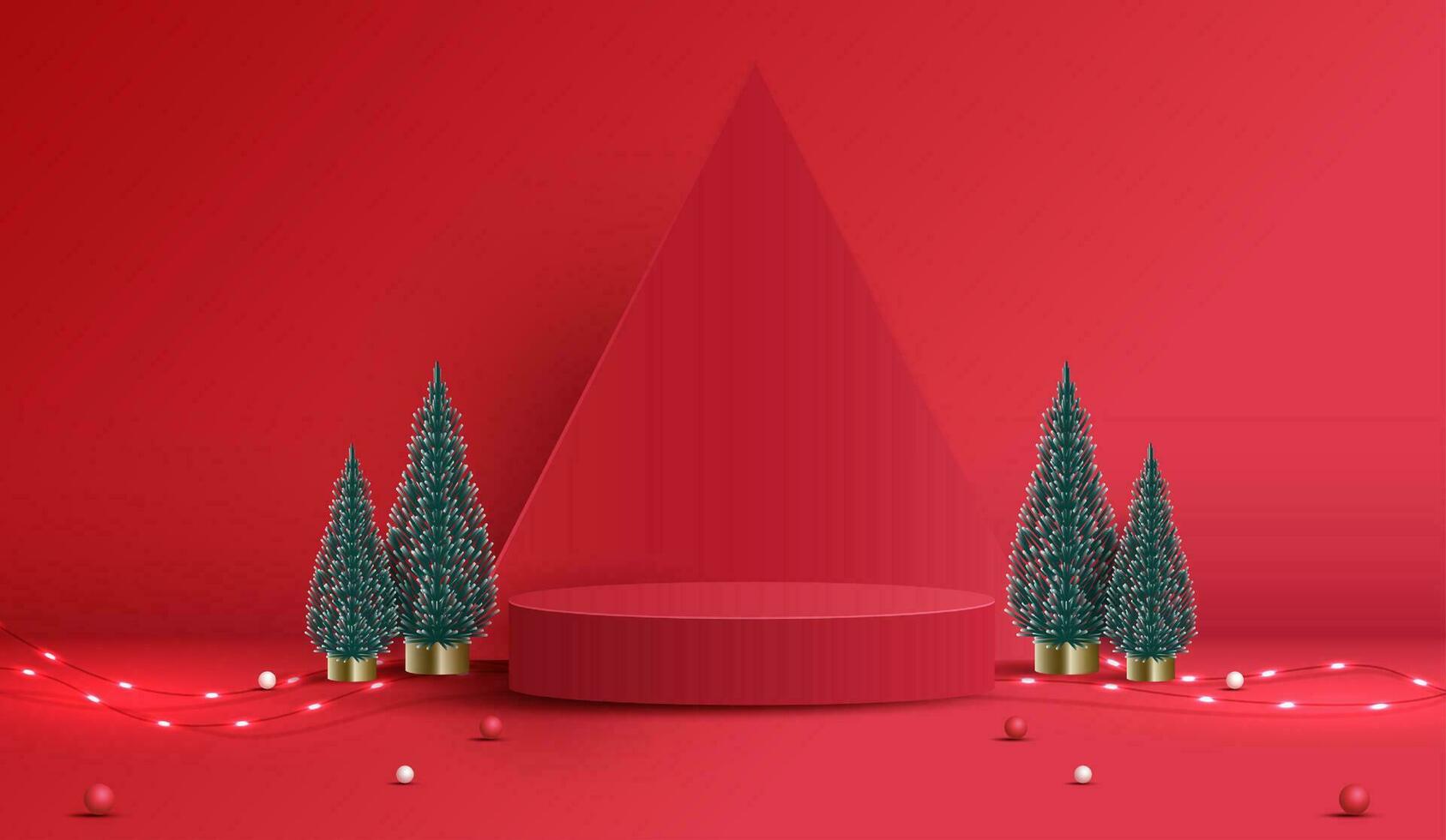 pódio forma para mostrar Cosmético produtos exibição para Natal dia ou Novo anos. ficar de pé produtos mostruário em vermelho fundo com árvore Natal, dourado bola e claro. vetor Projeto.
