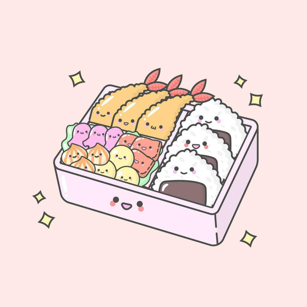 vetor bento onigiri ebi furai vegetal com fofa facial expressões e pastel cor