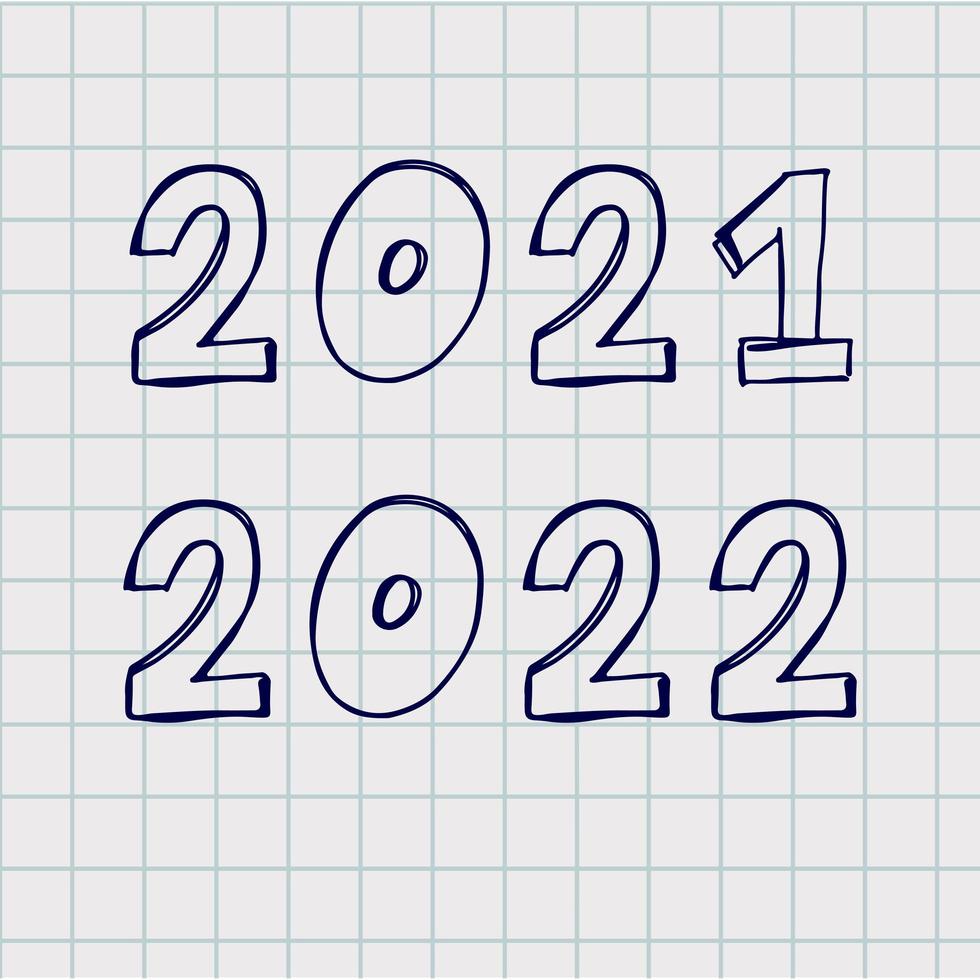 2022 2021 números feitos com vetor doodle brushe. mão desenhada com tinta de ano novo dois e número zero, desenho de figuras