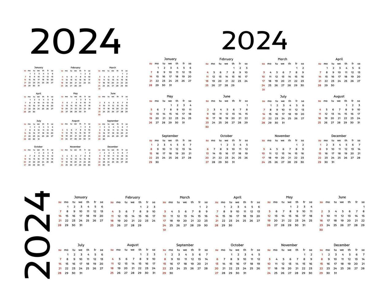 conjunto do três calendários para 2024 dentro diferente formulários isolado em uma branco fundo. domingo para segunda-feira, o negócio modelo. vetor ilustração