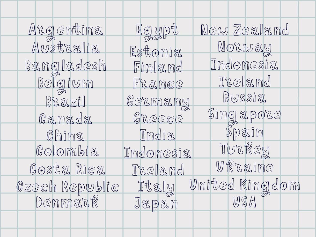 os nomes dos países do mundo. países europeus. Letra manuscrita. vetor