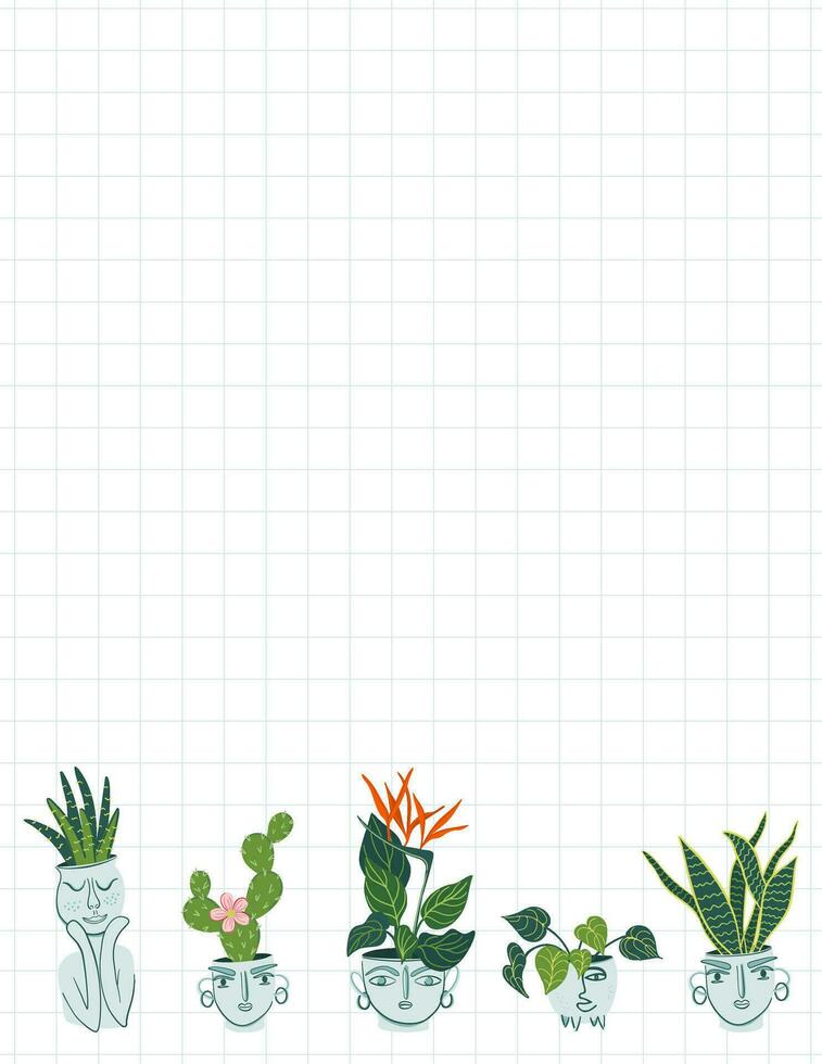 Agendador e organizador para plantar amante. Lista para notas decorado com planta de casa elementos. carta Tamanho rede papel. moderno papelaria. floral fundo. vetor ilustração.