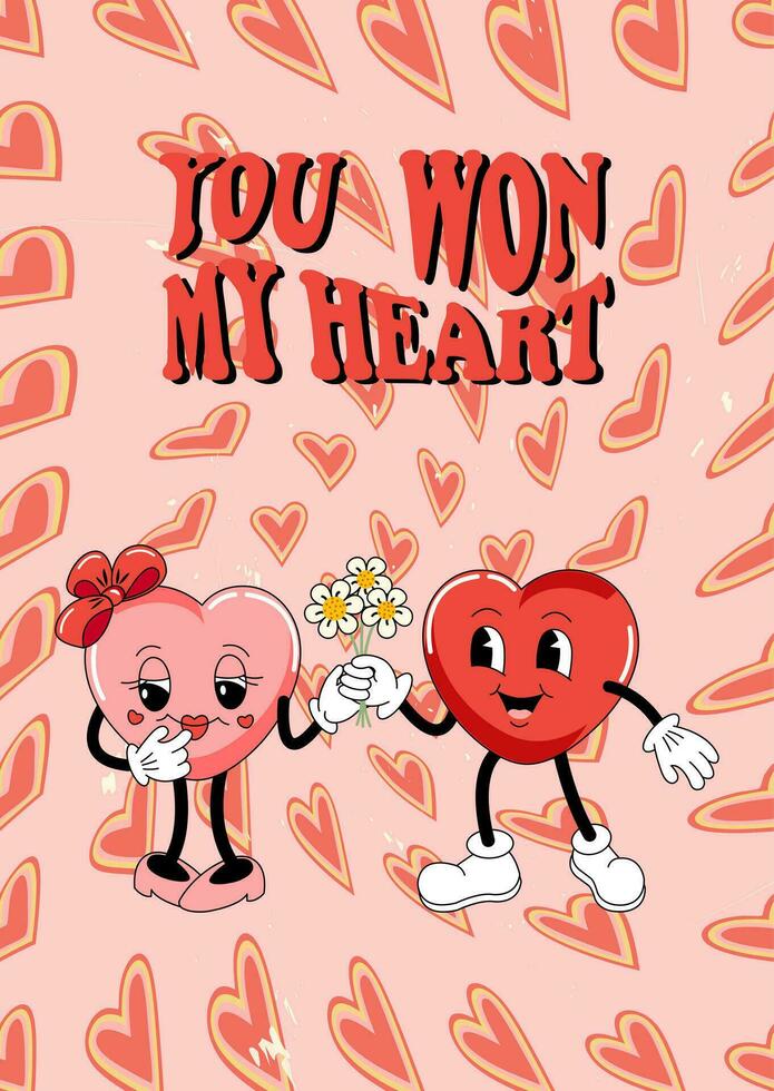 cartão postal, poster, cobrir de dia dos namorados dia. desenho animado engraçado personagens dentro a forma do uma coração. retro estilo anos 60, anos 70. vetor