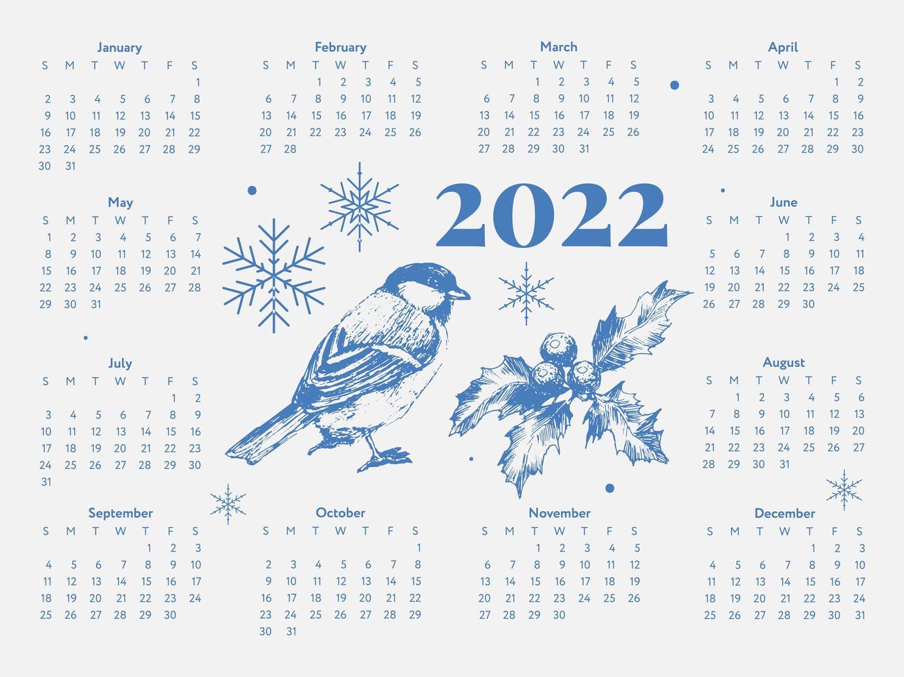 2022 a semana do calendário do esboço do ano novo da árvore de natal começa no domingo. vetor