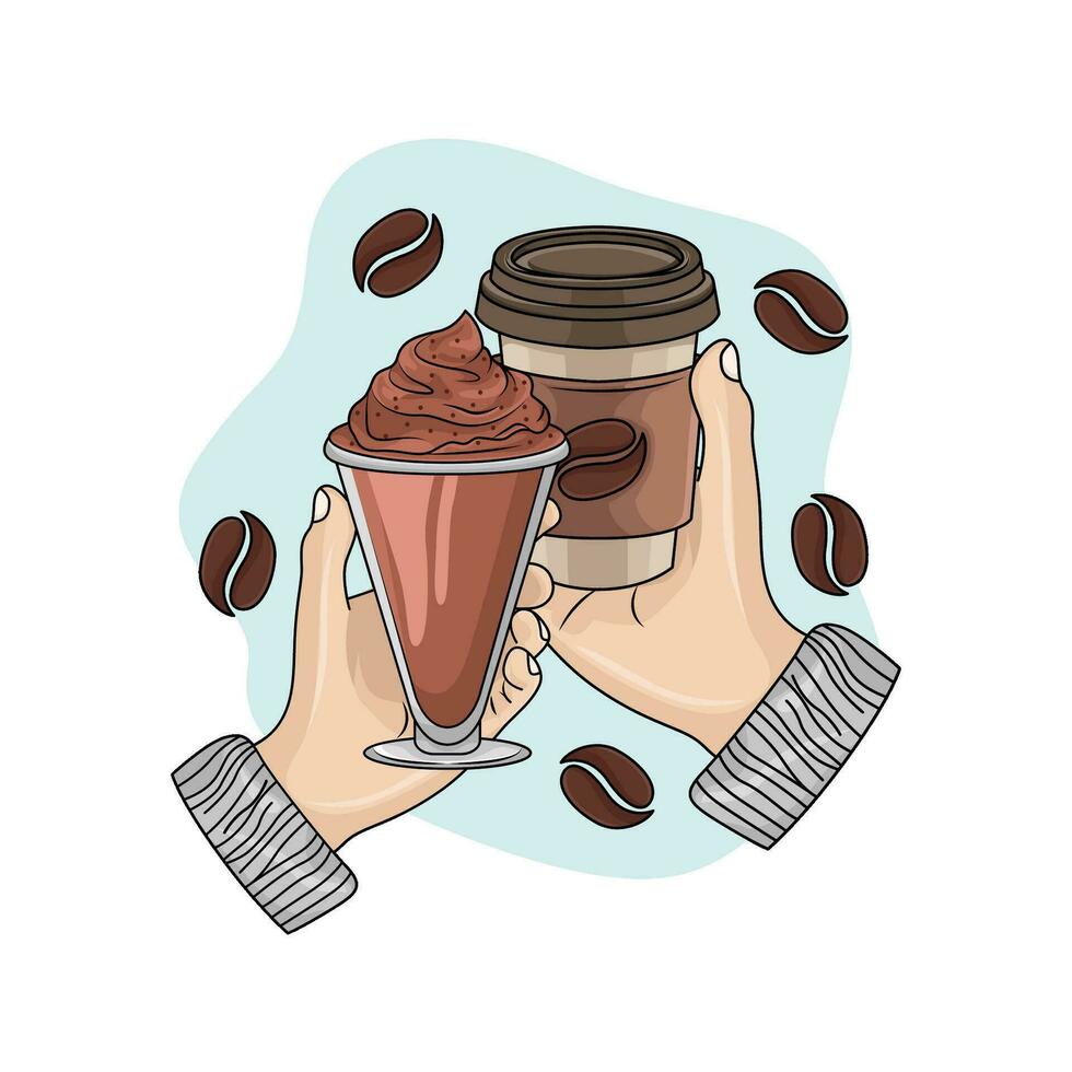 copo beber chocolate com gelo creme café dentro mão ilustração vetor