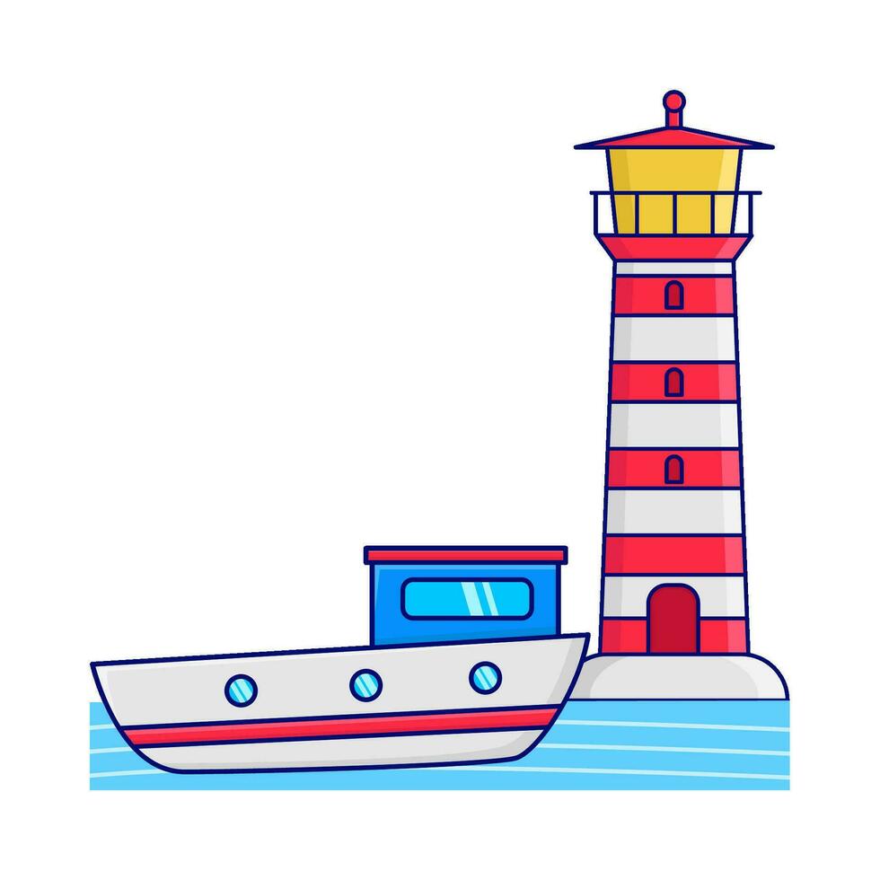 barco dentro mar com mercusuar ilustração vetor