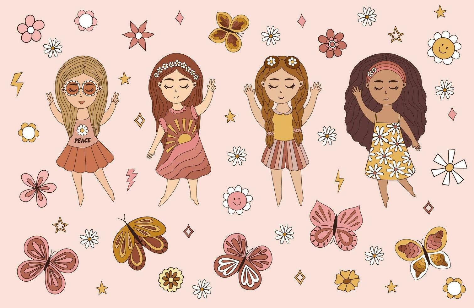 groovy hippie Anos 70 definir. engraçado desenho animado meninas e flores grande coleção do na moda retro psicodélico desenho animado estilo elementos. isolado vetor ilustração.