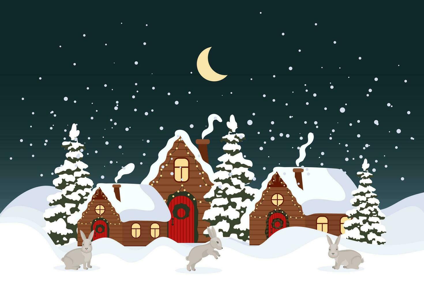 inverno panorama com fofa casas, abeto árvores e lebres dentro a neve. alegre Natal cumprimento cartão modelo. ilustração dentro plano estilo. vetor