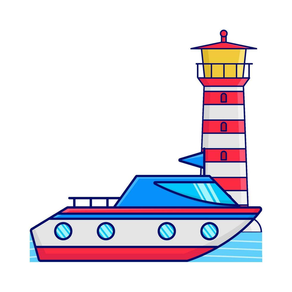 barco dentro mar com mercusuar ilustração vetor