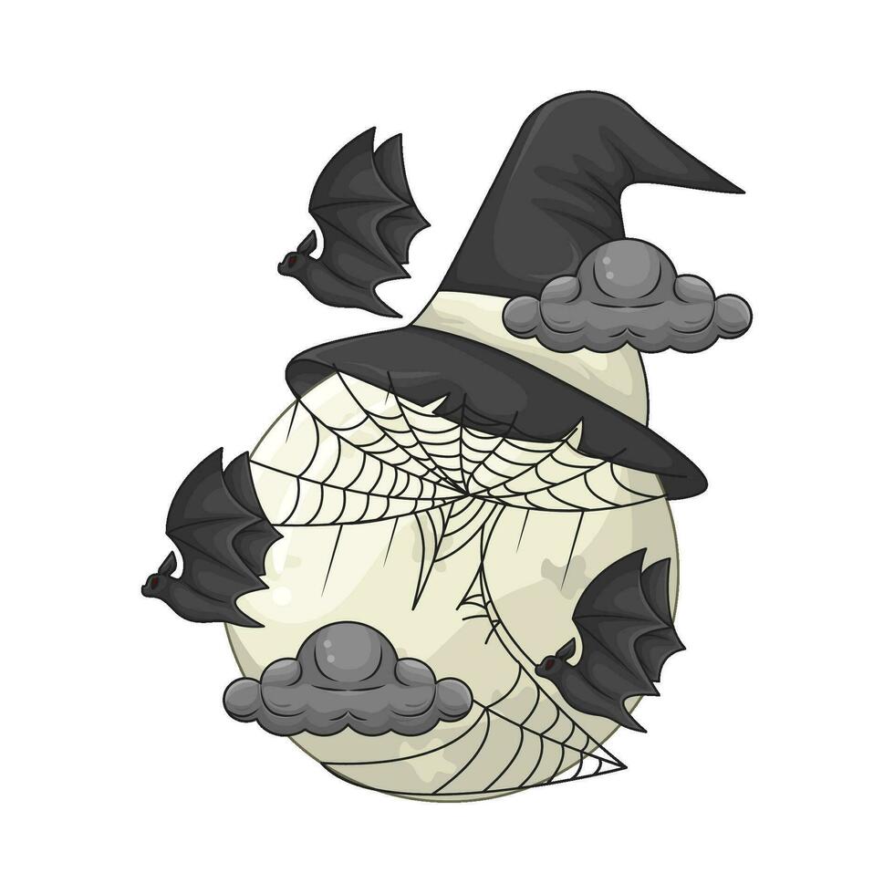 chapéu bruxa dentro cheio lua, aranha, bastão mosca com nuvem ilustração vetor