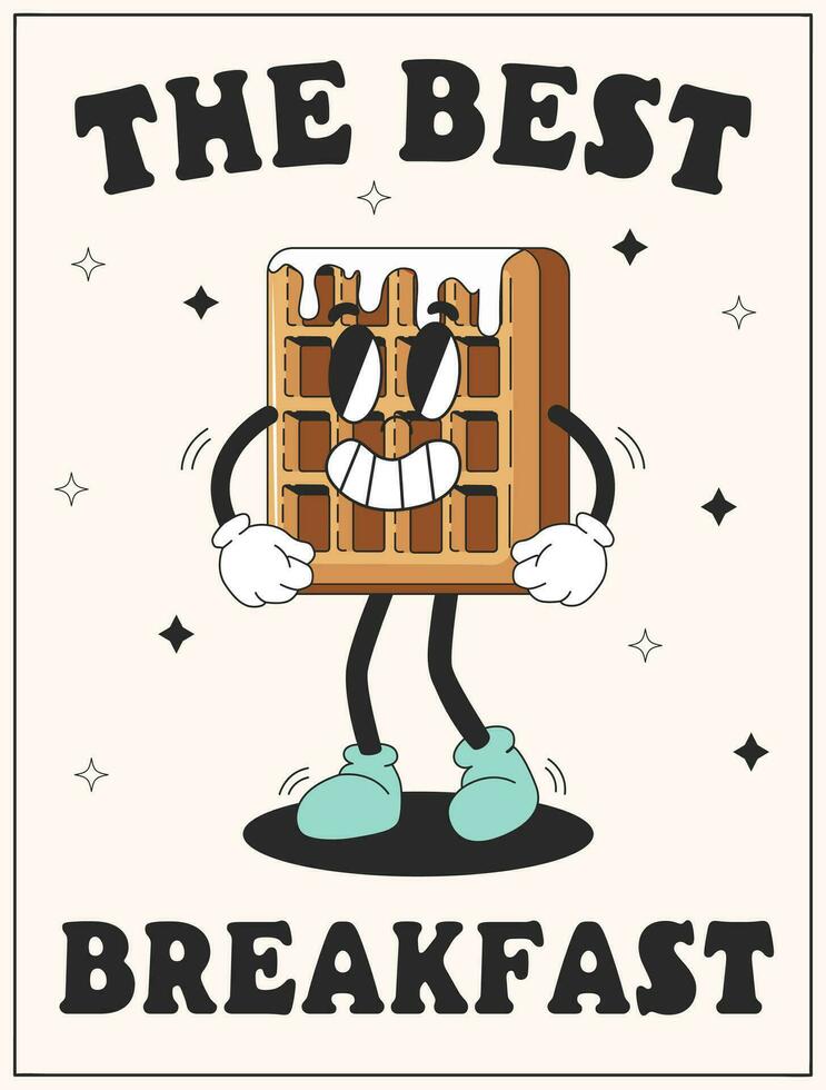 vetor desenho animado retro mascote do waffle. letras a melhor café da manhã. vintage estilo anos 70, anos 60, decada de 50 personagem. groovy poster para café casa e cafeteria.