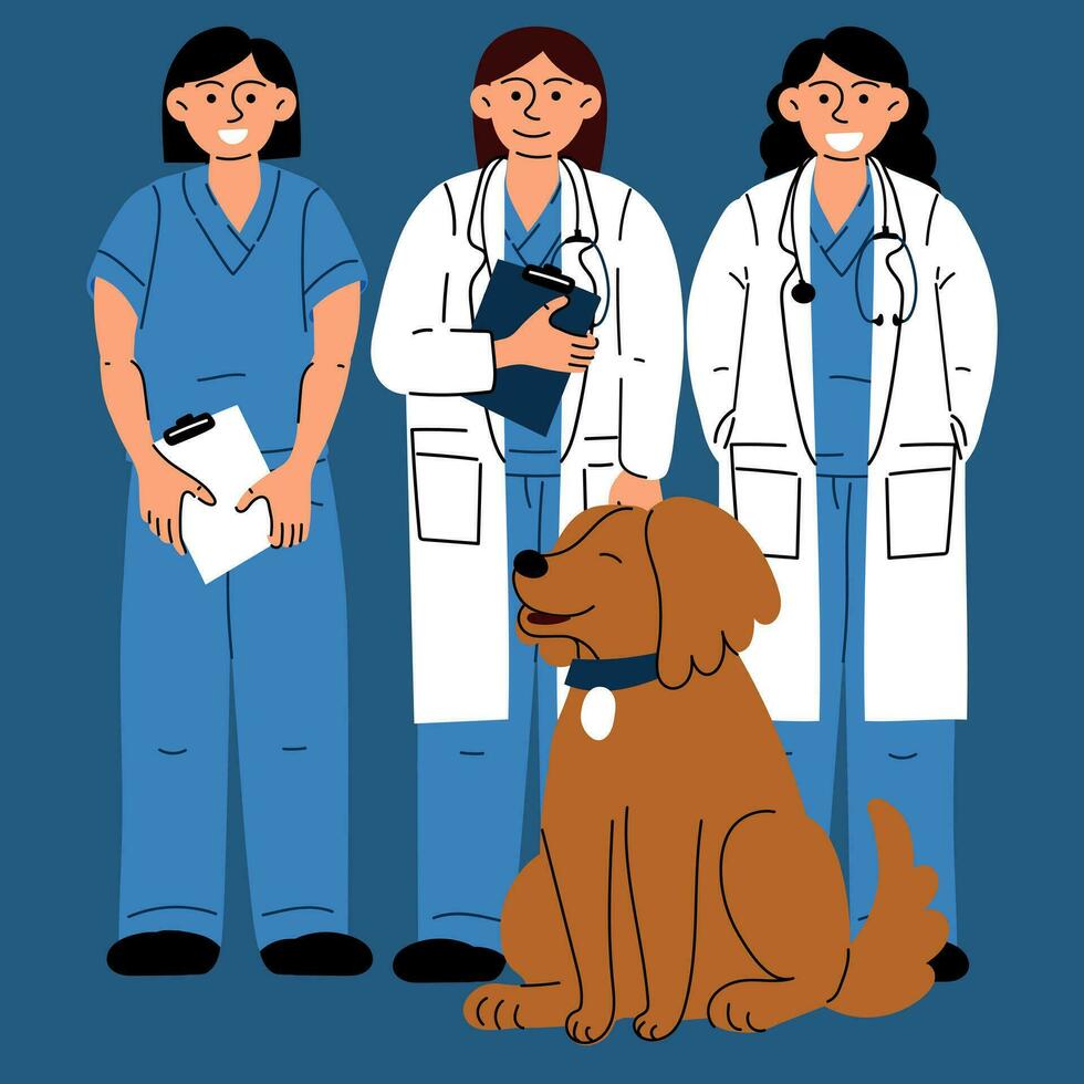feliz fêmea Veterinários com uma cachorro. vetor ilustração do animal Cuidado. plano estilo. uma doutor, uma enfermeira dentro uma uniforme e uma médico vestido com uma cachorro em uma azul. internacional Veterinários dia