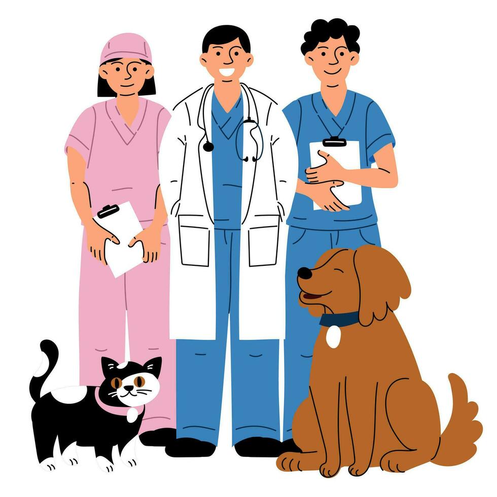 feliz meninas e Rapazes estão Veterinários com animais de estimação. vetor ilustração do animal Cuidado. plano estilo. médicos e enfermeiras com uma gato e uma cachorro em uma branco fundo. internacional Veterinários dia