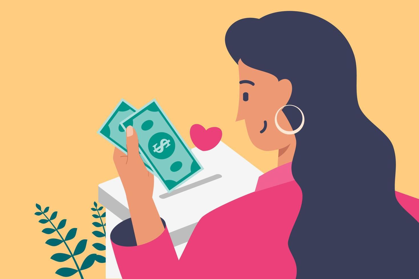 jovem mulher doar com ilustração plana de dinheiro vetor