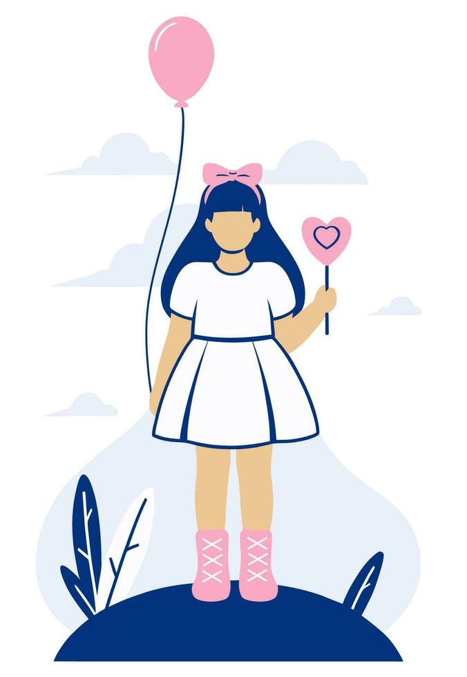 uma menina dentro uma branco vestir, com uma Rosa arco, detém uma pirulito e uma balão dentro dela mãos. plano vetor ilustração.