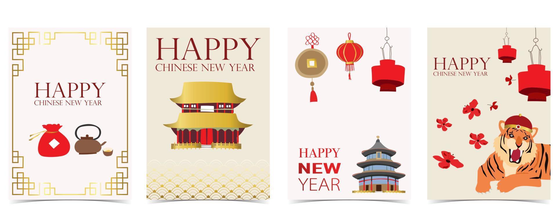 cartão vermelho ouro de ano novo chinês com tigre, flor, ilustração em vetor lunar. editável para site, convite, cartão postal e adesivo