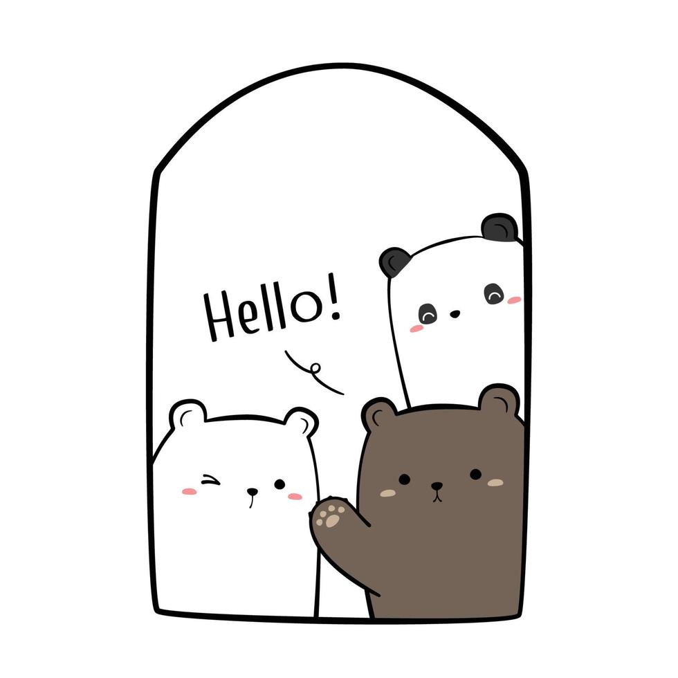 desenho fofo doodle cartão de plano de fundo com ursinho de pelúcia polar e panda saudando na janela vetor
