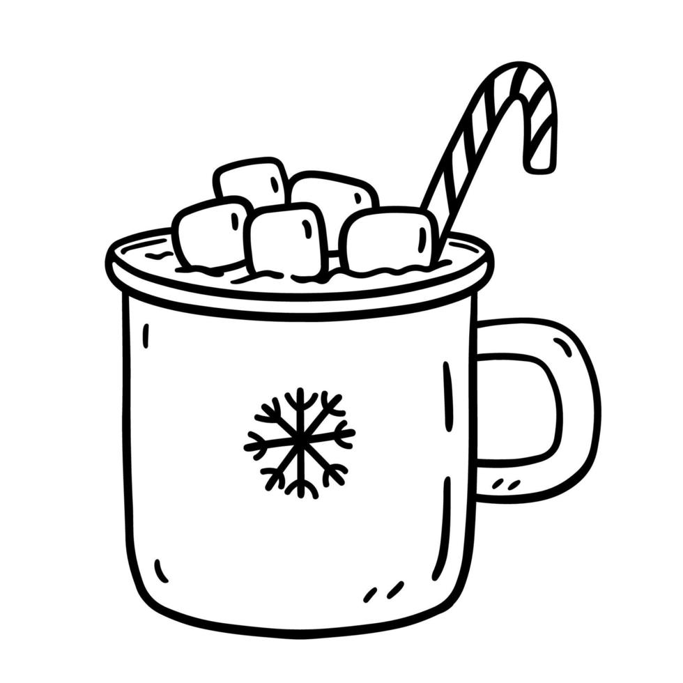 xícara de chocolate quente com marshmallows e bengala de doces no estilo doodle vetor