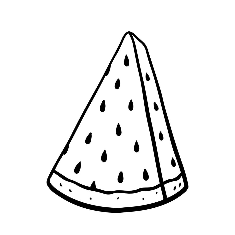 pedaço de melancia cortada com sementes isoladas no fundo branco. ilustração vetorial desenhada à mão em estilo doodle. perfeito para menu, logotipo, decorações. vetor