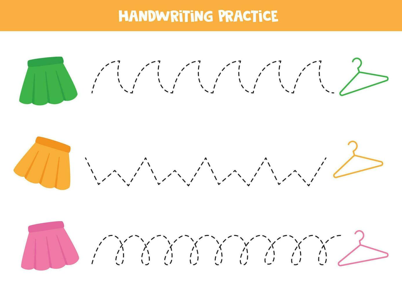 rastreamento linhas para crianças. fofa colorida saias e cabides. caligrafia prática. vetor