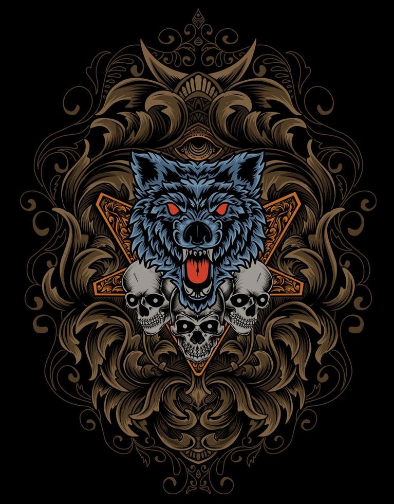 ilustração de lobo zangado e cabeça de caveira com ornamento antigo vetor