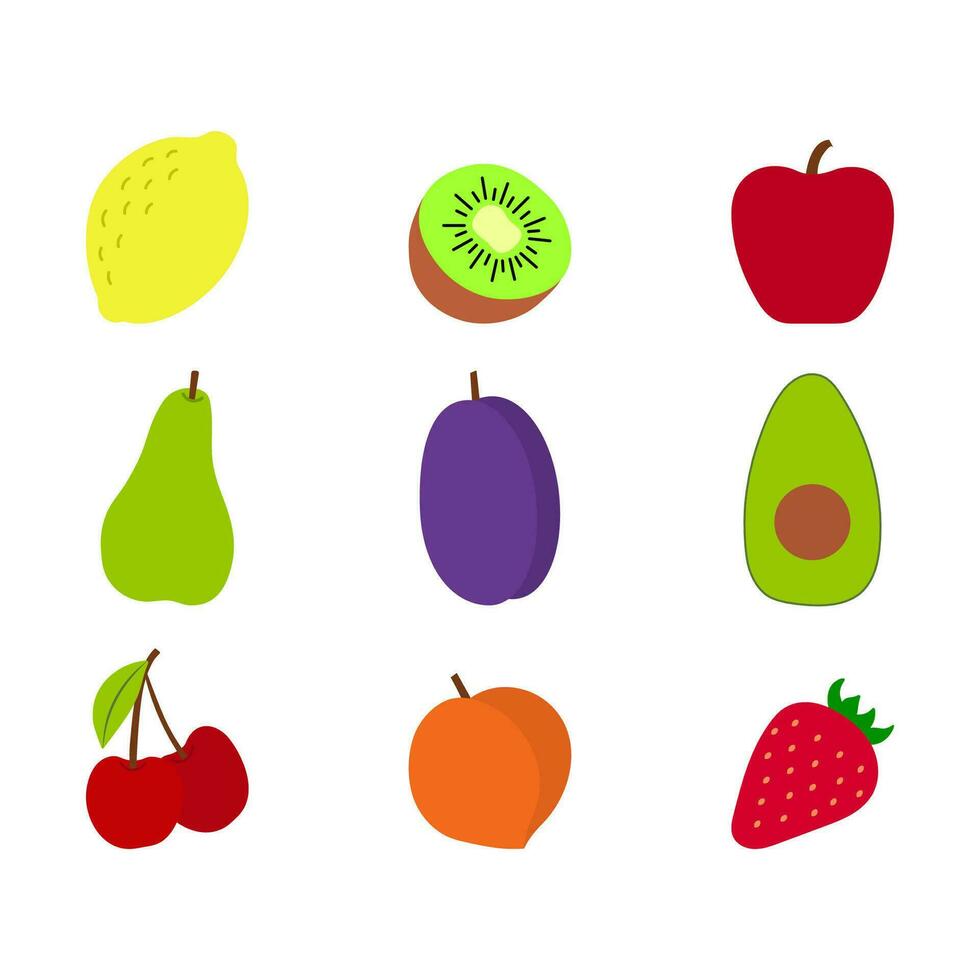 conjunto do frutas mão desenhado vetor ilustração. maçã, limão, pera, cerejas, morango, kiwi, ameixa e abacate. simples plano Projeto dentro brilhante cores.