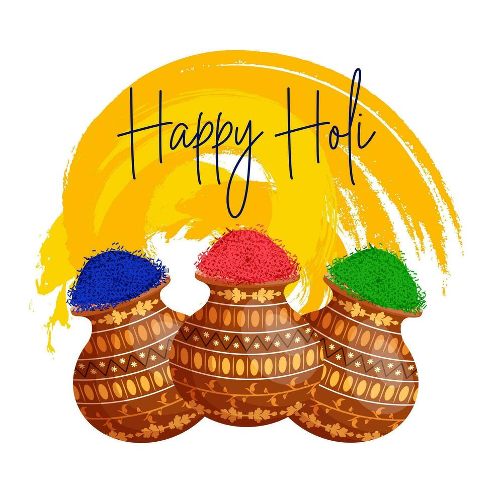 happy holi, o festival de cores da primavera na índia. jarros com tintas na textura grunge e texto de felicitações. banner, cartão postal, vetor