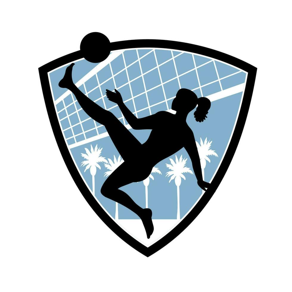 fêmea footvolley jogador chutando a bola dentro escudo mascote retro vetor