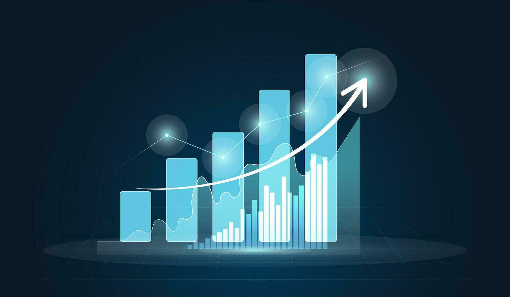 uma virtual crescimento Barra gráficos financeiro gráfico em digital tecnologia estratégia fundo com finança dados marketing gráfico análise relatório ou sucesso investimento vetor