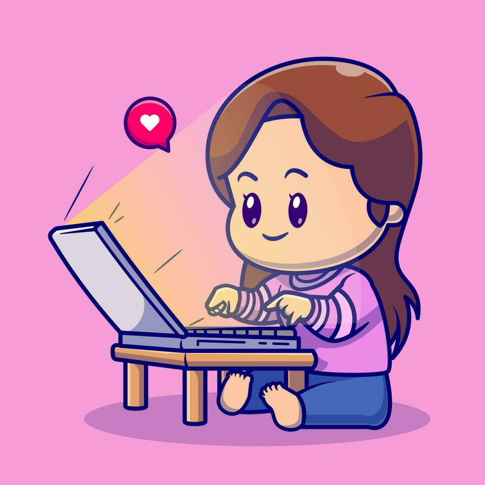 fofa menina trabalhando em computador portátil desenho animado vetor ícone ilustração. pessoas tecnologia ícone conceito isolado Prêmio vetor. plano desenho animado estilo