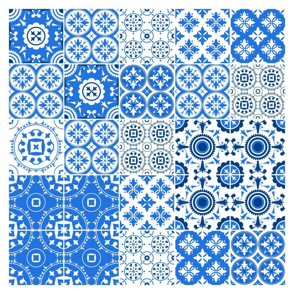 majólica telha coleção azulejo Projeto. azul padronizar com nacional ornamentado definir. vetor ilustração.