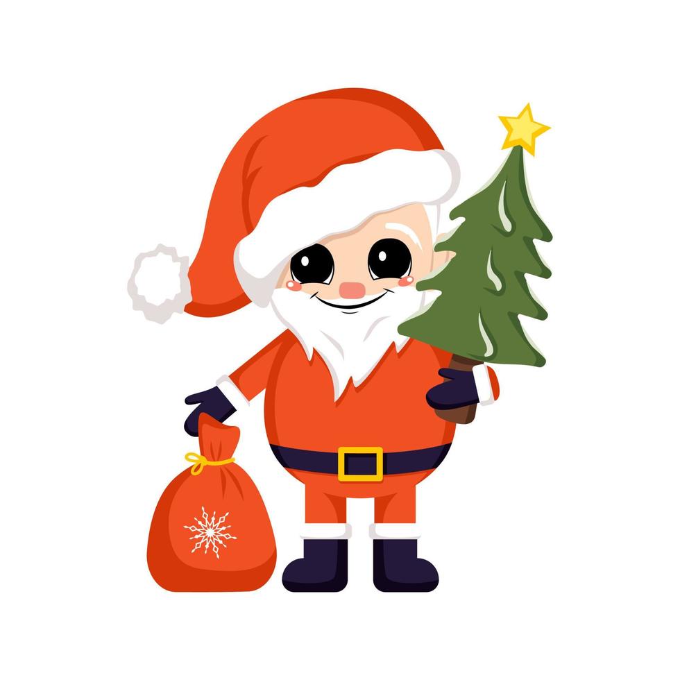 Papai Noel em traje vermelho e chapéu com saco de presentes e árvore de Natal com estrela. símbolo de ano novo e Natal. personagem fofa com emoções felizes e sorriso vetor