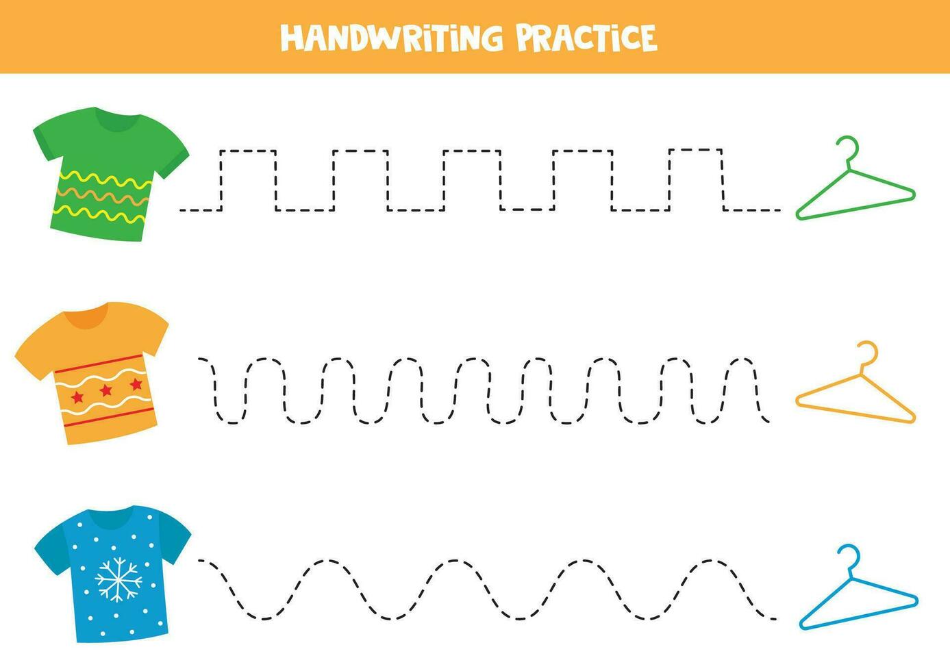 rastreamento linhas para crianças. fofa colorida t camisas e cabides. caligrafia prática. vetor