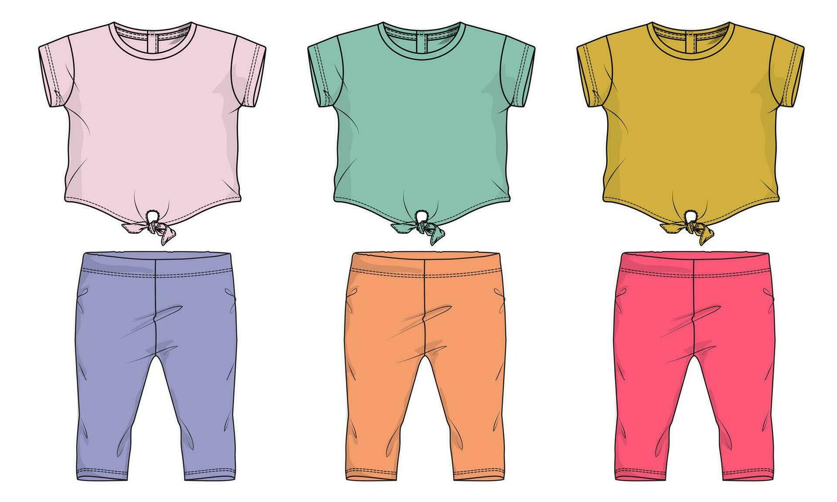 bebê meninas tops blusa vestir e calça técnico desenhando moda plano esboço vetor ilustração modelo