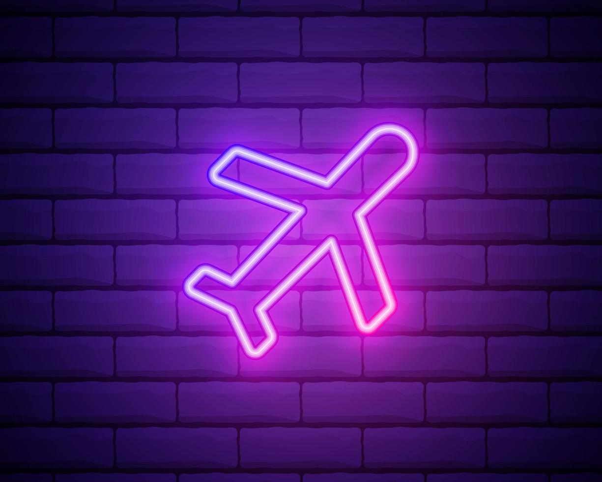 ícone de avião de néon brilhante isolado no fundo da parede de tijolo. avião voando. seguro de avião. segurança, segurança, proteção, conceito de proteção. vetor