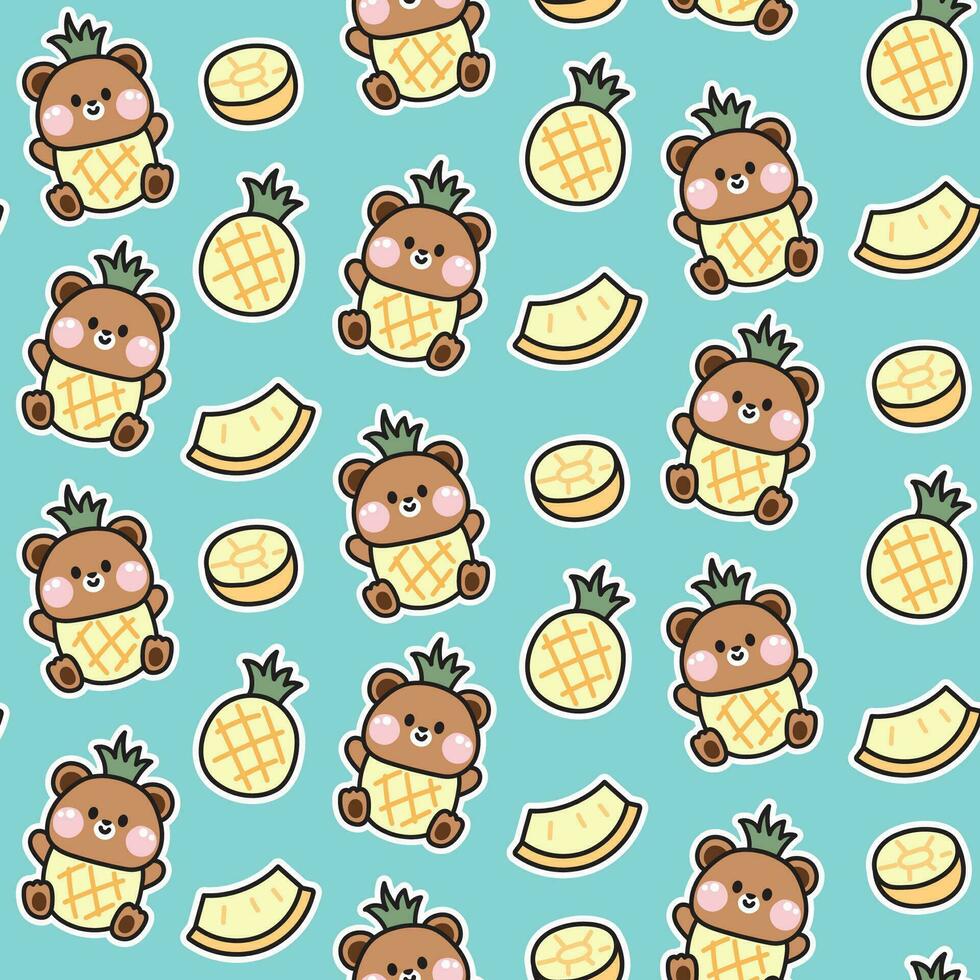 desatado padronizar do fofa Urso de pelúcia Urso dentro abacaxi traje plano de fundo.selvagem animal personagem desenho animado design.verão.fruta.bebê roupas impressão tela.kawaii.vetor.ilustração vetor