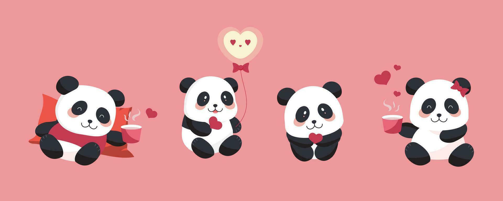 fofa panda objeto conjunto com coração para dia dos namorados dia.ilustração vetor para cartão postal, ícone, adesivo