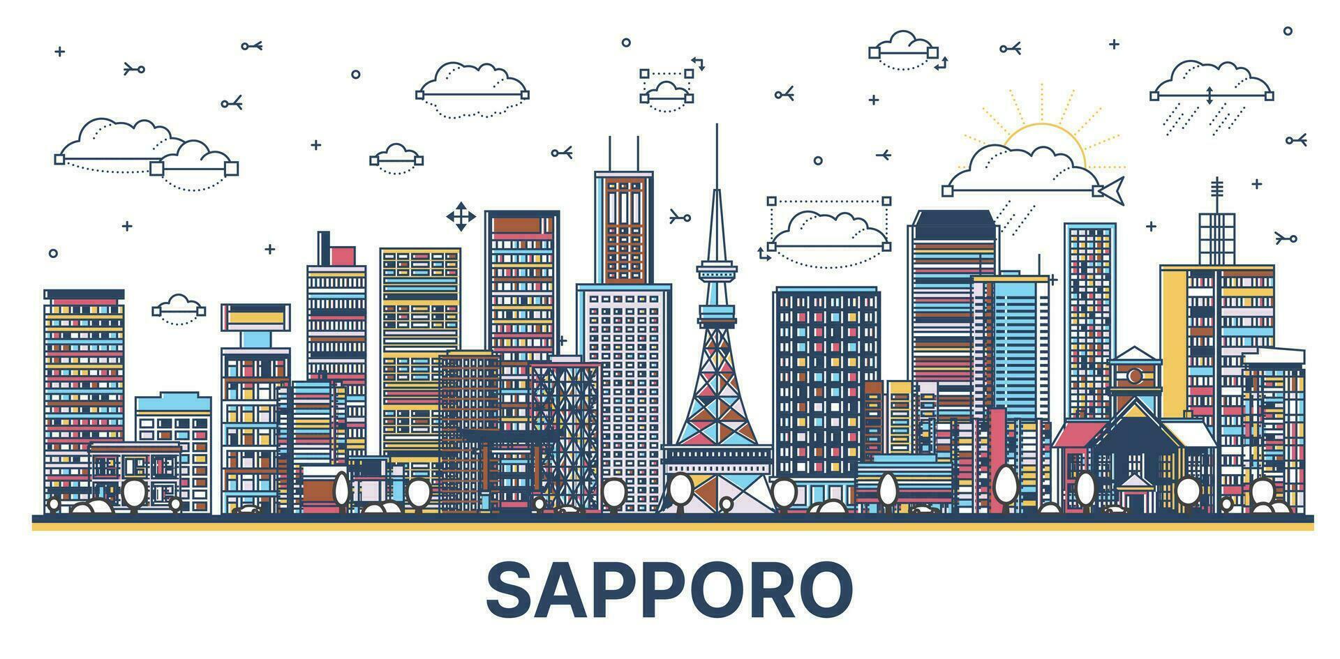 esboço sapporo Japão cidade Horizonte com colori moderno e histórico edifícios isolado em branco. sapporo paisagem urbana com pontos de referência. vetor