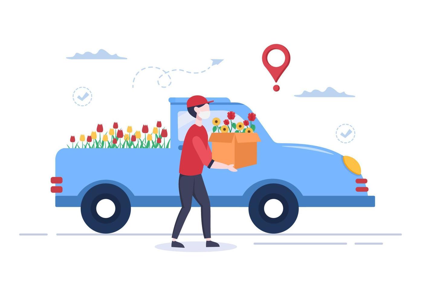 Negócio on-line de serviço de entrega de flores com correio segurando um buquê de pedido de flores usando caminhões, carros ou motocicletas. ilustração vetorial de fundo vetor