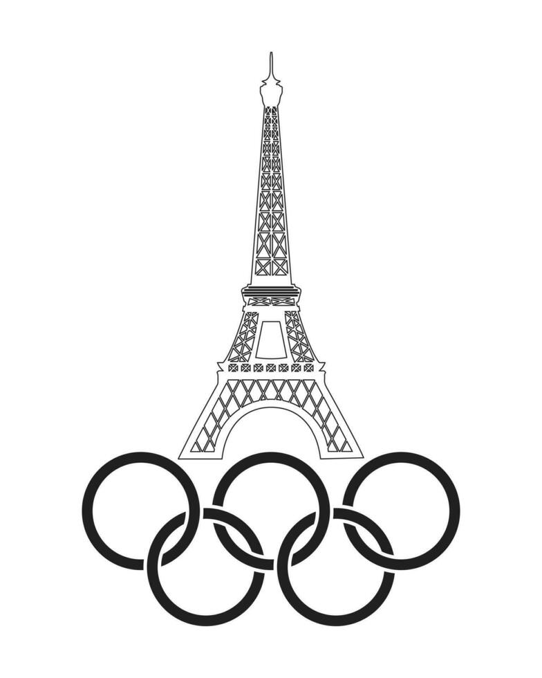 olímpico jogos 2024. eiffel torre com olímpico argolas. Preto símbolo em branco fundo, vetor