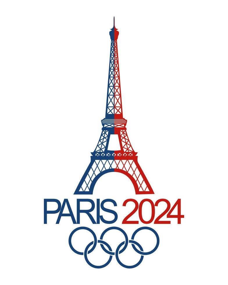 olímpico jogos 2024. eiffel torre e a inscrição Paris 2024 com olímpico argolas. símbolo, vetor