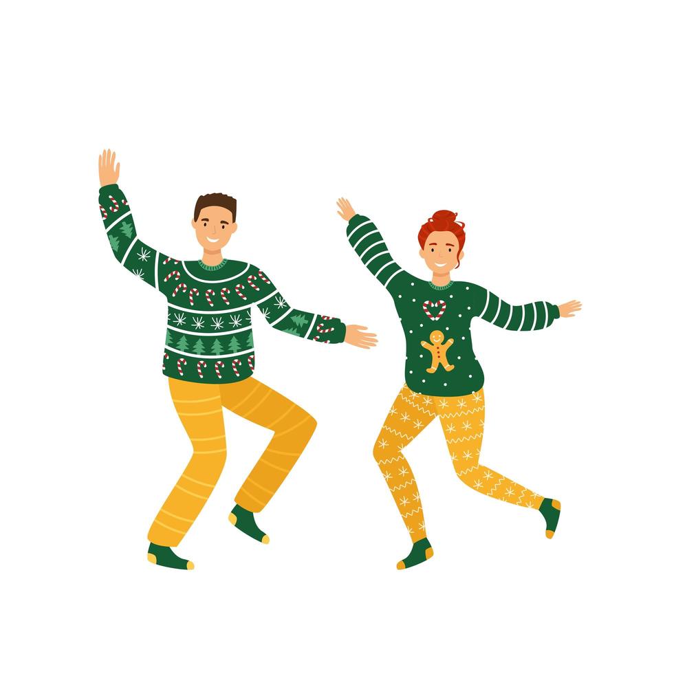 casal de família com suéteres verdes feios de natal dançando na celebração do ano novo vetor