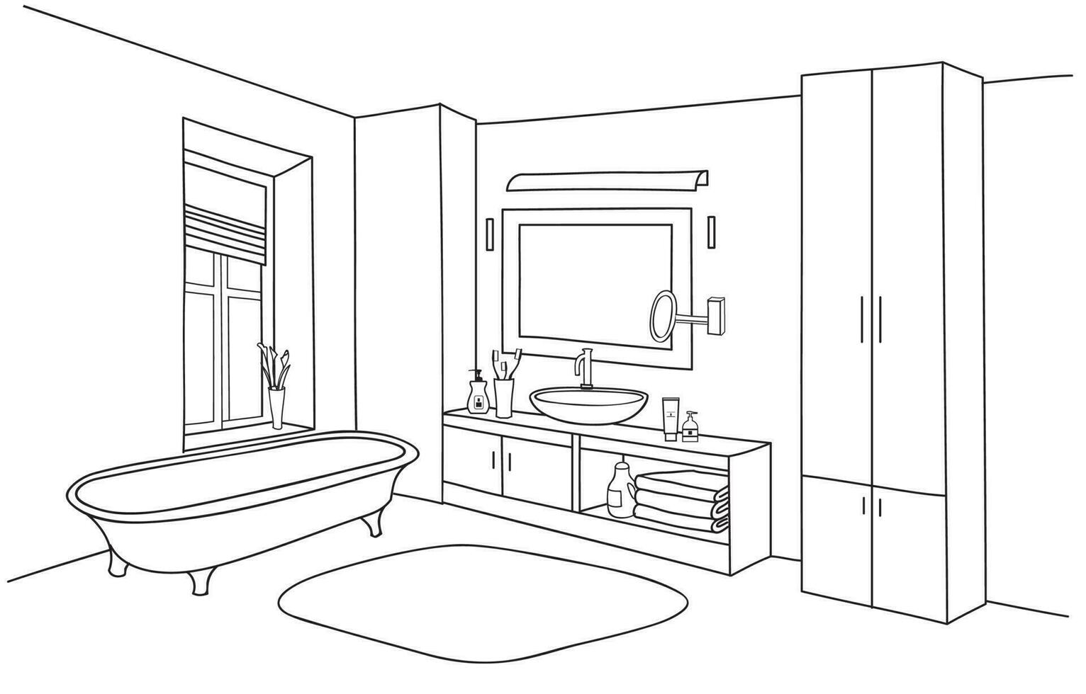 banheiro interior linha esboço. banho quarto mobília definir. vetor