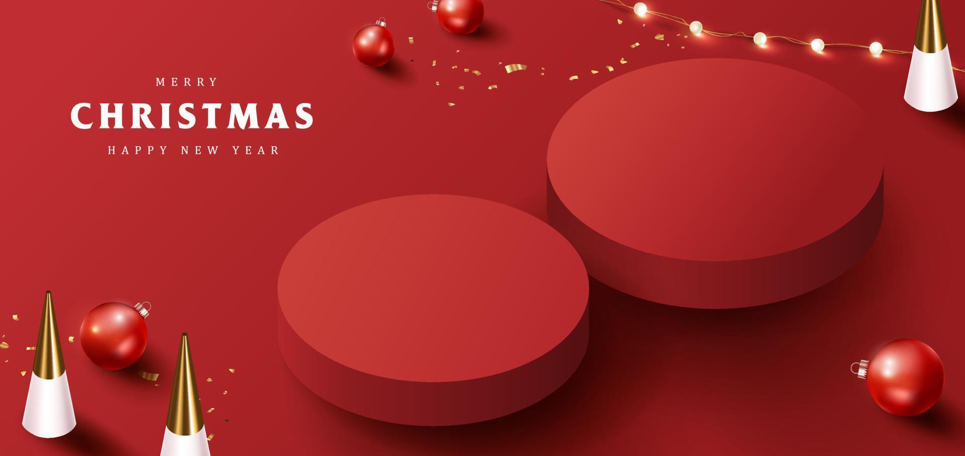 banner de feliz natal com exibição de produto em formato cilíndrico e decoração festiva vetor